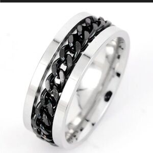 New Titanium Men's Silver and Black Spin Chain Ring